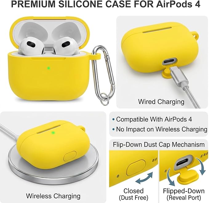 for Airpods 4th Case Cover, Come with Cleaner Kit,Soft Skin Silicone Case Cover with Keychain, Full Protective Case for Men and Women, Compatible with AirPods 4th Generation Case,Yellow