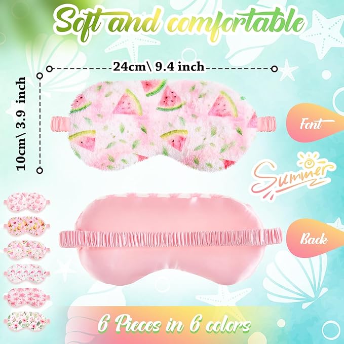 Cuffbow 6 Pack Plush Sleep Mask Set, Cute Plush Eye Masks for Sleeping, Soft Comfortable Travel Nap Blindfold, Sleepover Party Favors for Women (Summer,Pink)