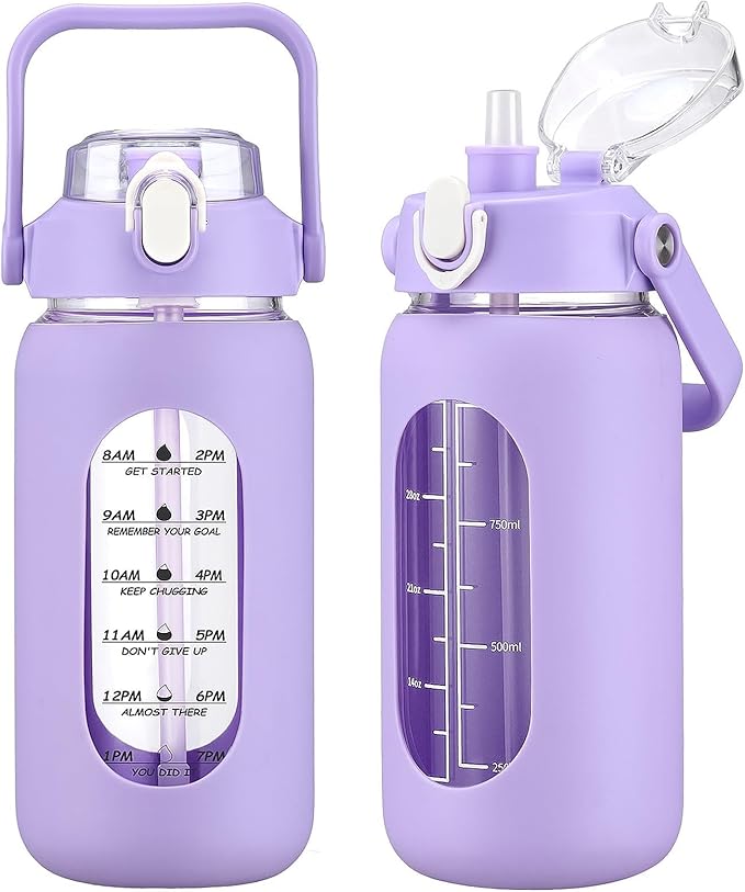 42oz Glass Water Bottles with Straw, Motivational Glass Bottle with Silicone Sleeve and Time Marker, Leakproof Large Glass Water Jug for Gym Home Office,Purple