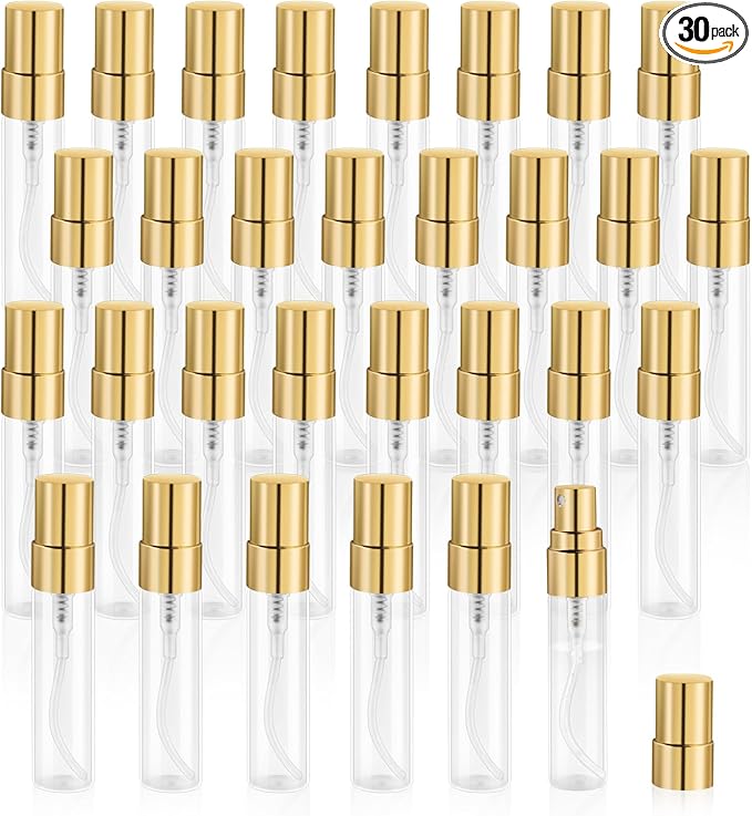 30 Pcs 5ml/0.17oz Mini Spray Bottle Glass Fine Mist Perfume Atomizer Empty Sample Containers with Golden Lids for Travel Cleaning Essential Oils