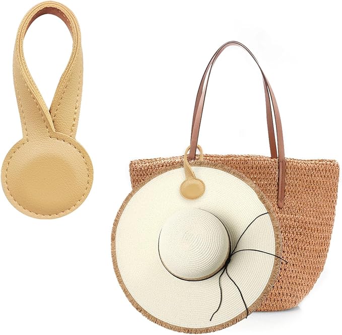 Hat Clip for Travel on Bag, Magnetic Hat Clip, Hands-Free Leather-Style Carrier for Purse Backpack or Luggage, for Straw Hats and Caps, 1-Pack, Beige ﻿