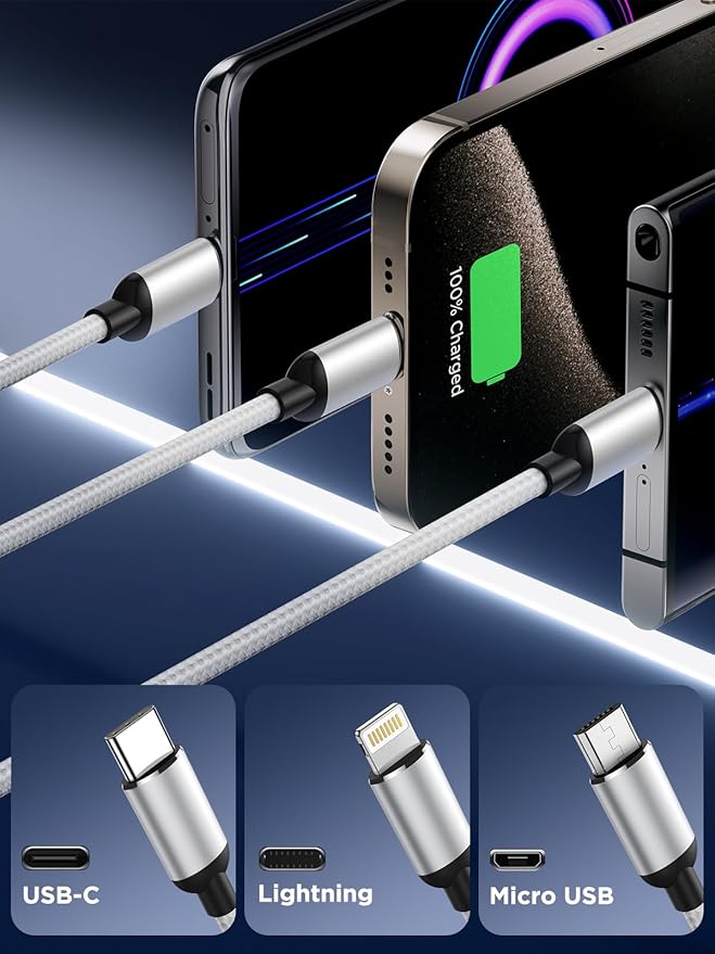 Aioneus Multi Charging Cable, (3Pack 4FT) Multi USB Charger Cable 3 in 1 Universal Nylon Multiple Charging Cord with Type-C/Micro USB Connectors for Most Phones & Tablets