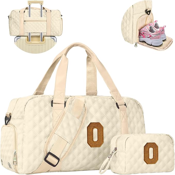 Elilier Initial Gym Bag for Women, Travel Duffel Bag, Graduation Gift for Her, Personalized Weekender Bag with Shoes Compartment, Gifts for Mom Female Niece Friends