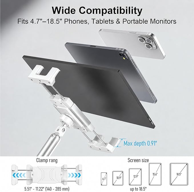 Portable Monitor Stand 15.6", Heavy Duty Tablet Arm Mount with Desk Clamp, Sag-Free Adjustable iPad Holder for Bed, 360° Foldable Arm Fits 4.7"-18.5" iPad Pro/Air/Mini, 2.2lbs Capacity, White