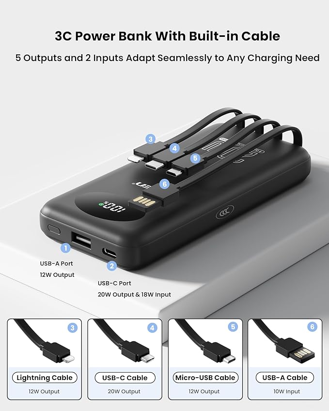 PISEN 3C Certified Power Bank - 10000mAh 20W Fast Charging Battery Pack with Built-in 4 Cable Smart LED Display Flight-Approved Portable Charger Travel Power Bank for iPhone, Samsung, iPad, Tablets