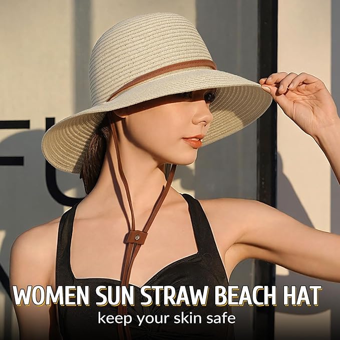 Beach Hat for Women, Wide Brim Sun Straw Hats for Women, Sun Hat Womens UPF 50+ UV Protection, Floppy Foldable Summer Hats