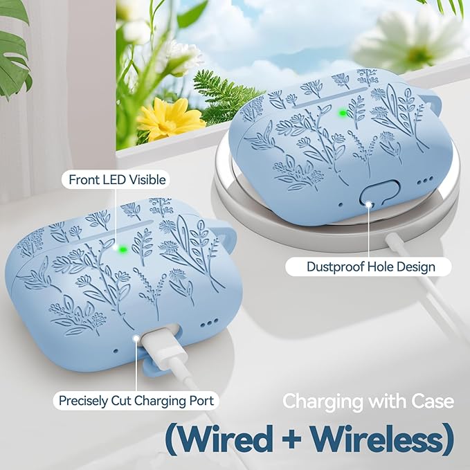 Flower Engraved Case for Apple AirPods Pro 2nd/1st Generation, Soft Silicone AirPods Pro 2 Gen Protective Cover for Women Airpod Cases with Clean Kit,Carabiner,Front LED Visible,Light Blue