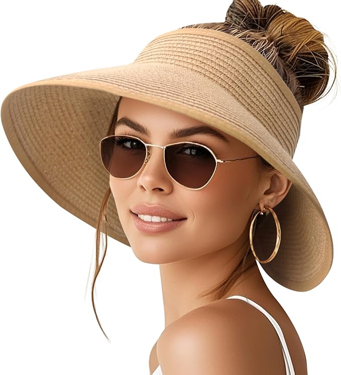 NPQQUAN Sun Visor Hats for Women Wide Brim Ponytail Straw Beach Hat Packable Foldable UPF 50+ Floppy Travel Hats