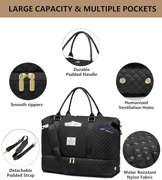 FIUAIE Overnight Weekender Bag for Women - Duffle Bags with Shoe Compartment Carry On Bag with Wet Pocket for Yoga Gym Travel Bags with Toiletry Bag for Business Trips Hospital Bags Black