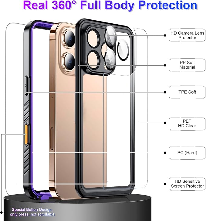 Compatible with iPhone 16 Pro Max Case Waterproof, Built-in Screen & Camera Protector IP68 Underwater Full Body 16FT Military Dropproof Shockproof Phone Case 6.9"-Purple/Clear