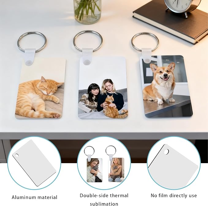 UJL 120pcs Sublimation Keychain Blanks With Rings Clips MDF Keychains Blanks Double Sides Blank Keychains Rectangle Round