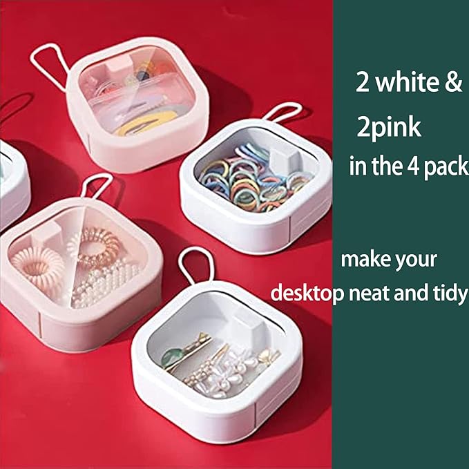 4Pcs Hair Tie Organizer,Portable Travel Qtip Holder,Bathroom Storage Organizer Qtip Dispenser Cotton Swabs Dispenser Kids Hair Accessory Box with Lid for Bathroom (4 Pcs White)