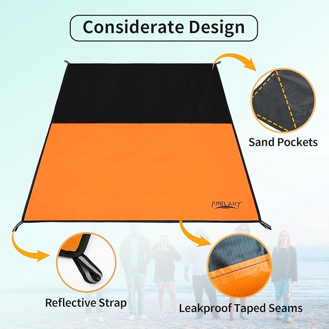 Frelaxy Pocket Picnic Blanket, Waterproof Sandproof Beach Mat, Compact Camping Tarp for Festivals, Hiking, Travel, Outdoor Recreation (Orange, 57'' x 60'')