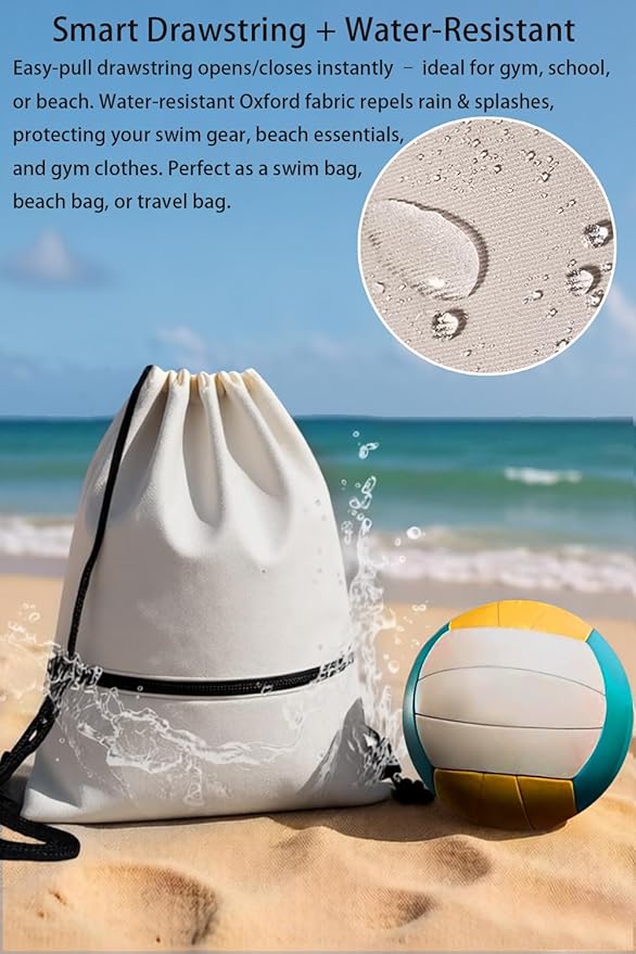 Large Drawstring Gym Bag Beach Backpack Waterproof - Customized Oversized Drawstring Beach Bag with Shoe Compartment for Toiletries, Towels, Gym, Travel(Beige,16.5 * 19 inches)