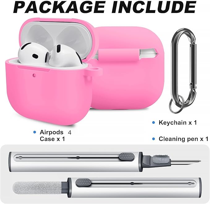 for Airpods 4th Case Cover,Come with Cleaner Kit,Soft Skin Silicone Case Cover with Keychain,Full Protective Case for Men and Women,Compatible with AirPods 4th Generation Case,Nightglow Pink