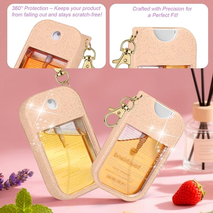 AIERSA Hand Sanitizer Spray Glitter Case Compatible with Touchland, Silicone Hand Sanitizer Case Holder with Keychain for Touch Land Mist 1FL. OZ(Glitter Sequin Blush Beige)