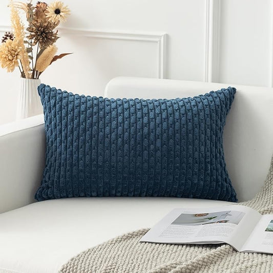 Kevin Textile 14x22 Inch Pillow Cover 1 Pack Boho Decorative Soft Striped Corduroy Lumbar Farmhouse Solid Color Accent Rectangle Cushion Case for Living Room Couch Sofa Bed, Blue