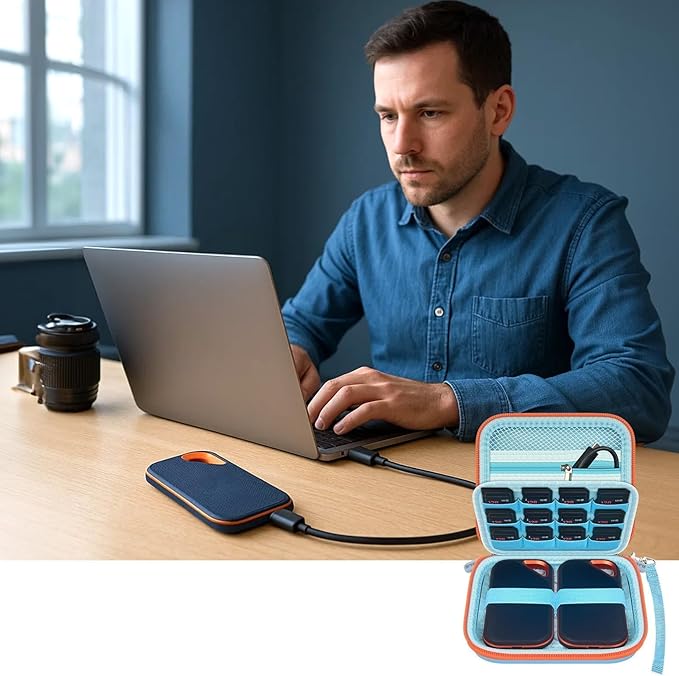 PAIYULE Case Compatible with SanDisk Extreme new and Old Model/Extreme PRO Portable SSD 500GB 1TB 2TB 4TB 8TB, Hard Travel Storage Case Holds 2 SSDs, 12 SD Card Slots, Cable Organizer,Blue