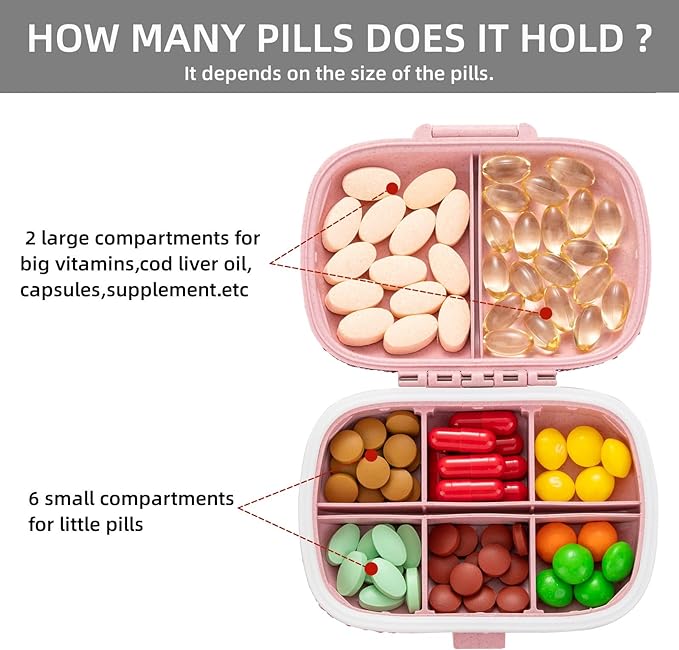 Cute Pill Organizer Small Bling Pill Case for Purse Medicine Vitamin Container Holder Daily Pill Box Container for Women Travel Medicine Kit(Pink)