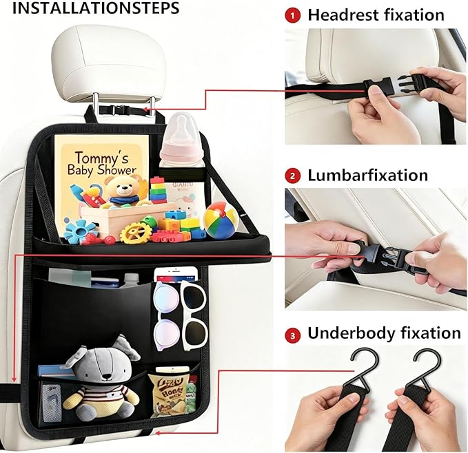 TCJJ Car Seat Organiser, Car Organiser Back Seat for kids, Car Backseat Seat Kick Protector with Tray and Touch Screen Tablet Storage Pockets Black/2 Pack