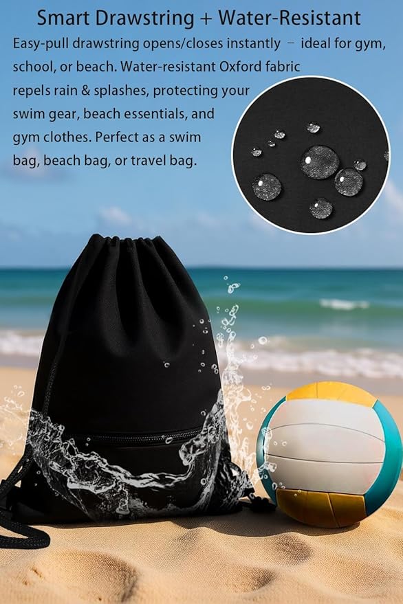 Water-Resistant String Bag for Women Men with Shoes Compartment and Zippered Pocket for Soccer, Basketball, Swim (Black, 16.5 * 19 inches)