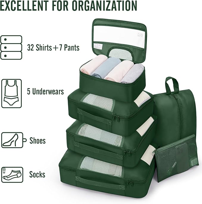 Veken 8 Set Packing Cubes for Travel Essentials,Anti-Wrinkle Buckled Suitcase Organizer for Shoe & Toiletry Bag,Carry On Luggage Bag for Airplane & College Dorm Room Accessories,Women Men Gifts