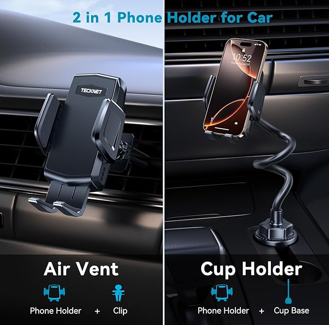 TECKNET Cup Phone Holder for Car - Adjustable Gooseneck Cup Holder Phone Holders with Air Vent Holders & Expandable Base, Cupholder Phones Mount for iPhone 17/16 Pro Max and All Cell Phones, Car Model