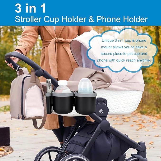 Accmor Stroller Cup Holder with Phone Holder, Bike Cup Holder, Universal Cup Holder for Uppababy Nuna Doona Strollers, 2-in-1 Cup Holder for Walker, Wheelchair, Scooter