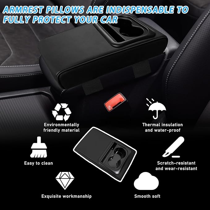 Car Center Console Armrest Pillow, Memory Foam Auto Armrest Box Cover with Cup Holder and Phone Holder, Waterproof Leather Arm Rest Protector Cushion, Interior Car Accessories (Black)