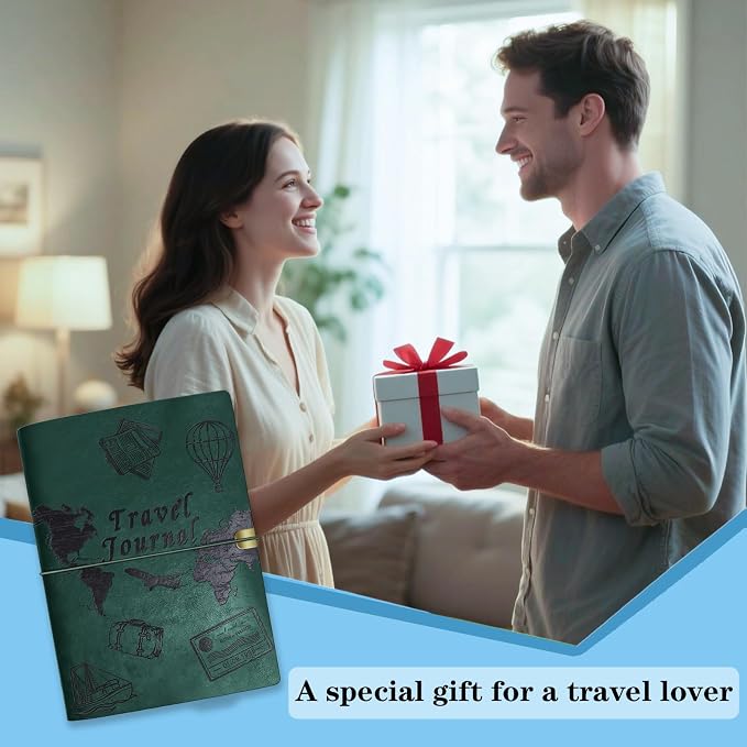 Travel Journal for Women Men and Couples, Leather Travel Notebook with Prompts, Travel Memory Book & Adventure Book (Green)