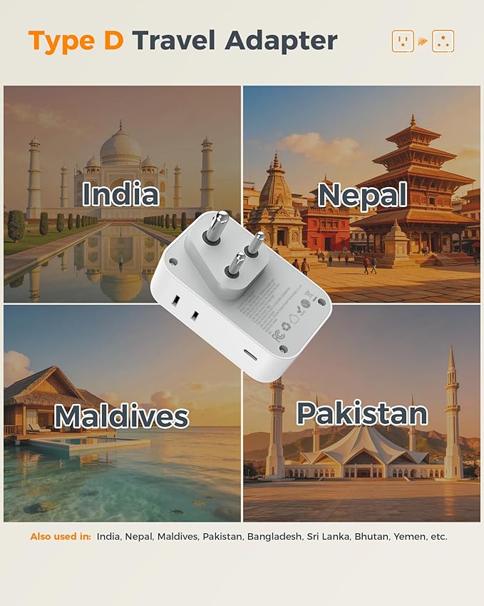 US to India Plug Adapter 2-Pack, TESSAN India Power Adapter with 4 AC Outlets & 5 USB Ports (3 USB-C 28W), Type D Travel Adaptor for USA to India Bangladesh Maldives Nepal Pakistan
