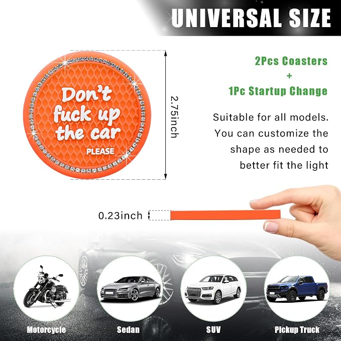 Ziciner 2 Pack Bling Car Cup Holder Coaster, 2.75 Inch Anti-Slip Auto Insert Cup Coaster, Crystal Car Drink Cup Mat Perfect for Women Girls, Universal Interior Decor Accessories (Orange)