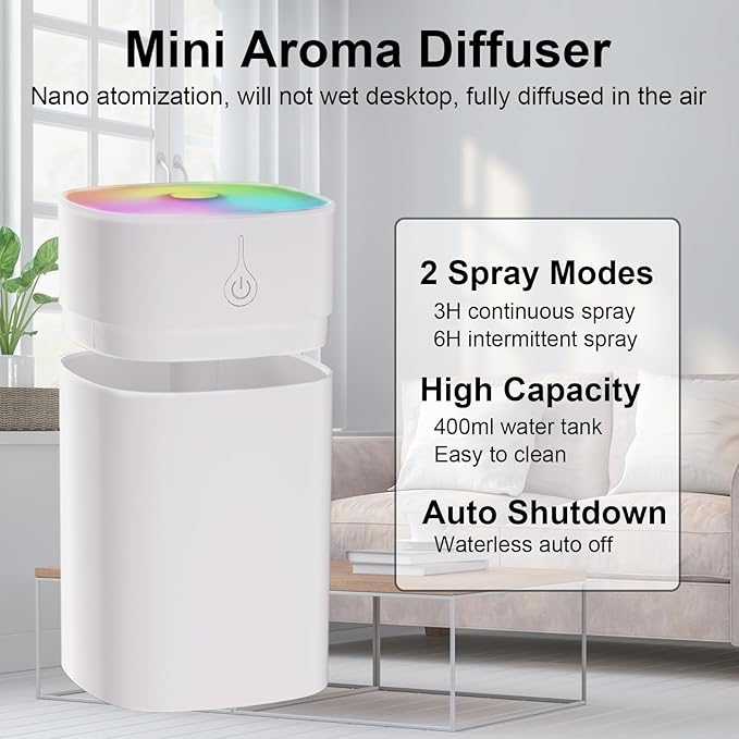 400ml Small Diffuser - Small Oil Diffuser for Desk, Portable Mini Humidifier Aromatherapy Diffusers with 2 Spray Modes, Waterless Auto-Off Essential Oil Diffusers with 7-Color Night Light for Bedroom