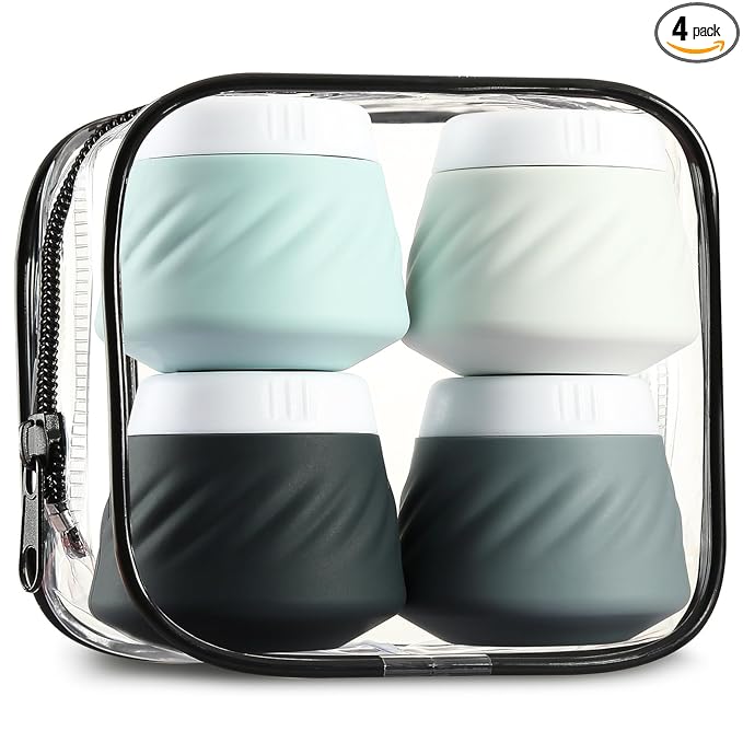 Gemice Silicone Cream Jars TSA Approved Travel Size Containers with Clear Bag, Leak-proof Travel Accessories with Lid for Cosmetic Face Body Hand Cream (4 Pack)