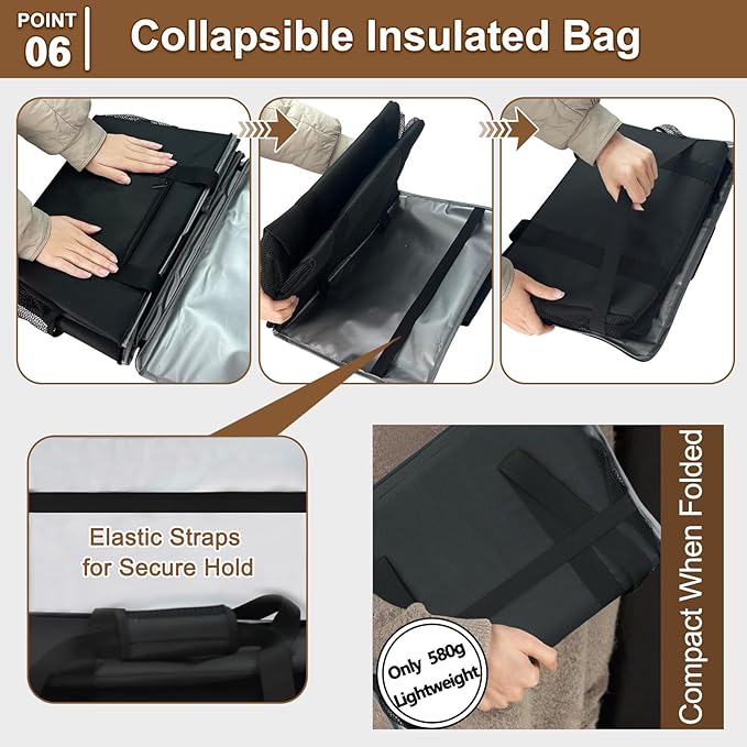 Reusable Grocery Bag – Expandable Insulated Cooler Bag with Bottom Board, Collapsible Insulated Shopping Bag with Zipper & Drawstring, Heavy Duty Tote Bag for Shopping, Delivery, Picnic, Beach