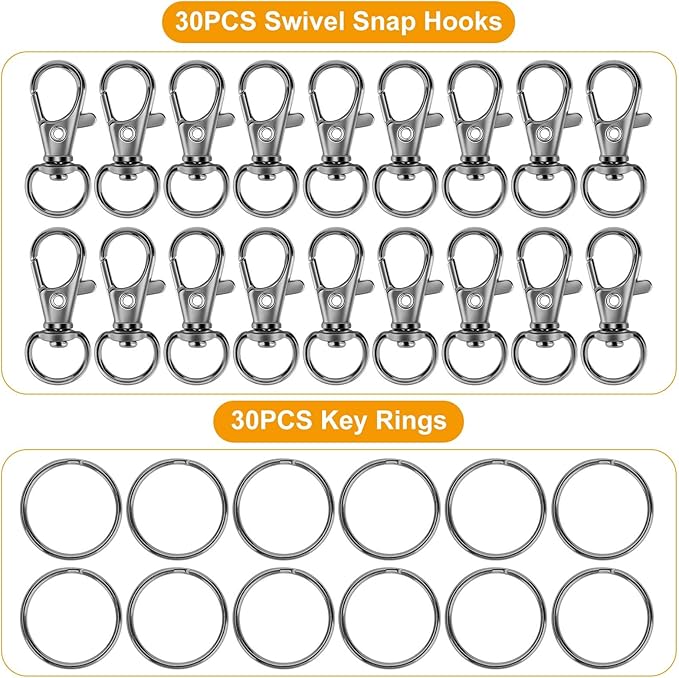 60PCS Keychain Making Kit, Including 30PCS Keychains Clips Hooks and 30PCS Key Chain Rings, Lobster Claw Clasps with Keychains Rings Accessories for Crafts, Gun Black