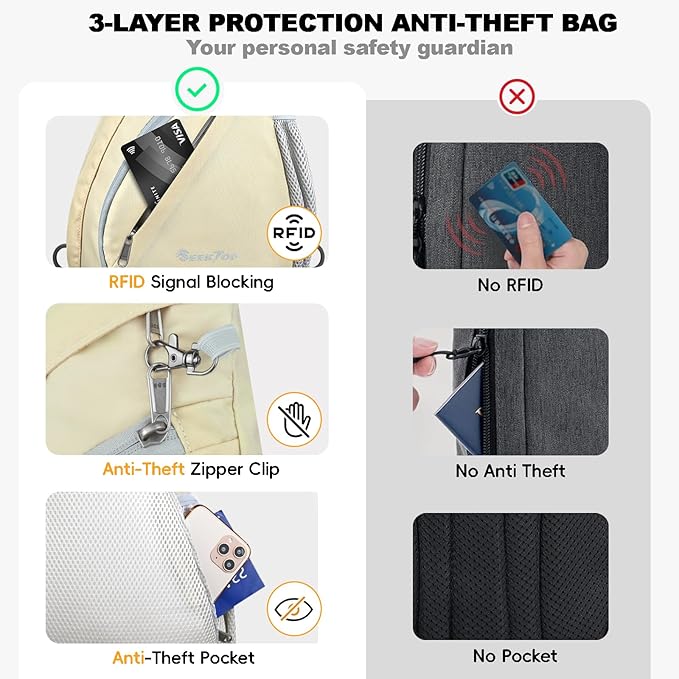 Seektop Anti Theft Crossbody Bag for Women RFID Blocking Waterproof Sling Backpack Lightweight 400D Nylon Small Chest Pack Shoulder Bag for Travel Hiking Commuting Men Beige