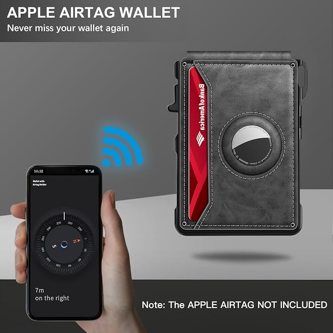 KIKVES Airtag Wallet for Men, Mens Smart Wallet for Air Tag RFID Blocking, Minimalist Bifold Pop Up Aluminum Credit Card Case Holder 12+ Cards with ID Window, Gift for Men, No Airtag Included, Gray