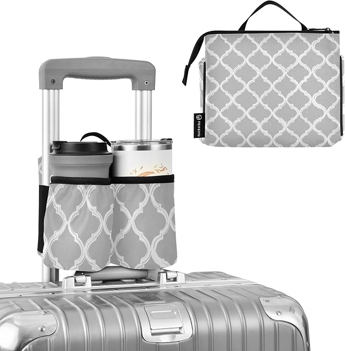 Luggage Cup Holder for Suitcases Free Hands Suitcase Cup Holder Travel Luggage Drink Holder Portable Luggage Cup Caddy Bag Carrier with Handle Silver Minimalist Quatrefoil