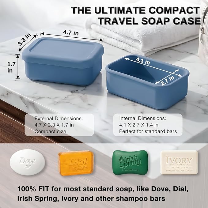 HighHerz Leak Proof Silicone Travel Soap Case with Draining Tray - Bar Soap Holder for Travel, Gym & Camping - Mess-Free Portable Soap Container for Carry-on Bags (Dark Blue)