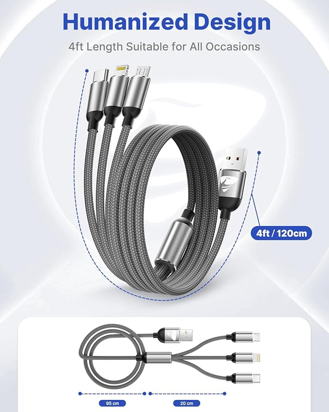Chargers for Multiple Devices Multi Charging Cable 3 in 1 Multi Fast Charging Cord Nylon Braided USB Cable Adapter IP/Type C/Micro USB Port for Cell Phones Tablets Samsung Galaxy PS & More (Gray)