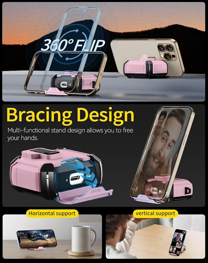Pohgelan Compatible with AirPods 4 Case,Magnetic Automatic Lock with Phone Stand & Cleaning Kit,Compatible with Magsafe Cover -Pink