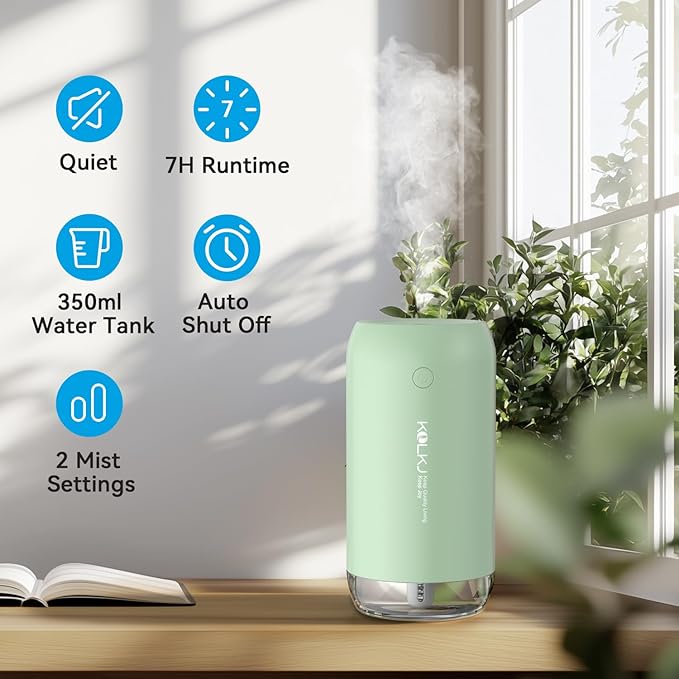 Portable Mini Humidifier, 350ml Small Cool Mist Humidifier for Plants, USB Personal Desktop Humidifier for Bedroom Car Office Travel with Auto Shut-Off & 2 Mist Modes (Green)