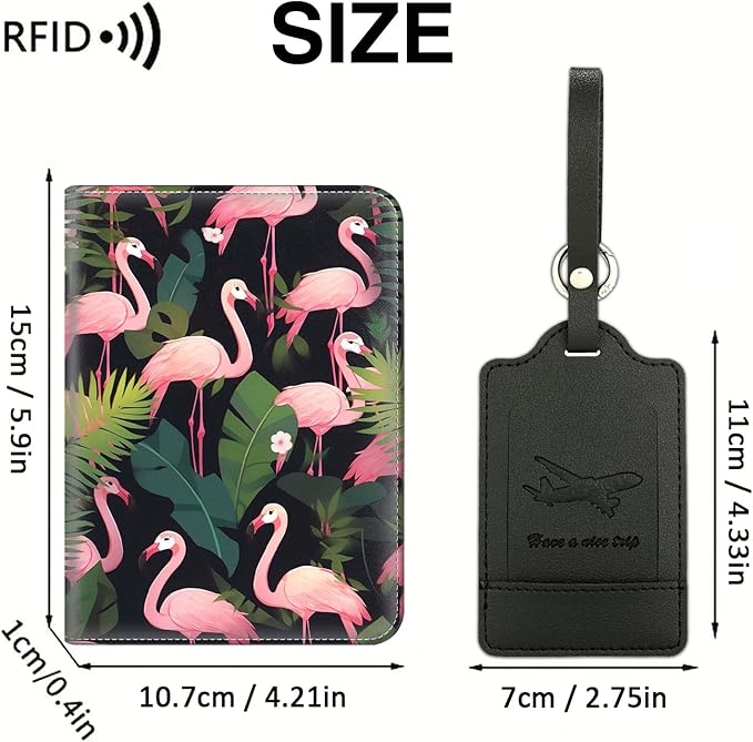 Passport Wallet, Passport Holder with RFID Blocking and Luggage Tag, Waterproof PU Leather Travel Documents Organizer Case, Passport Covers with Card Slot for Women & Men, Flamingo Passport Book