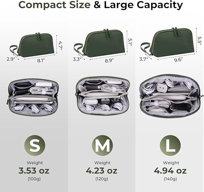 FYY Travel Cable Organizer - 8 Compartments Lightweight Water Resistant Tech Pouch with Wrist Strap, Portable Electronic Accessories Case for Cord Charger Storage for Travel Home Office Green (Large)