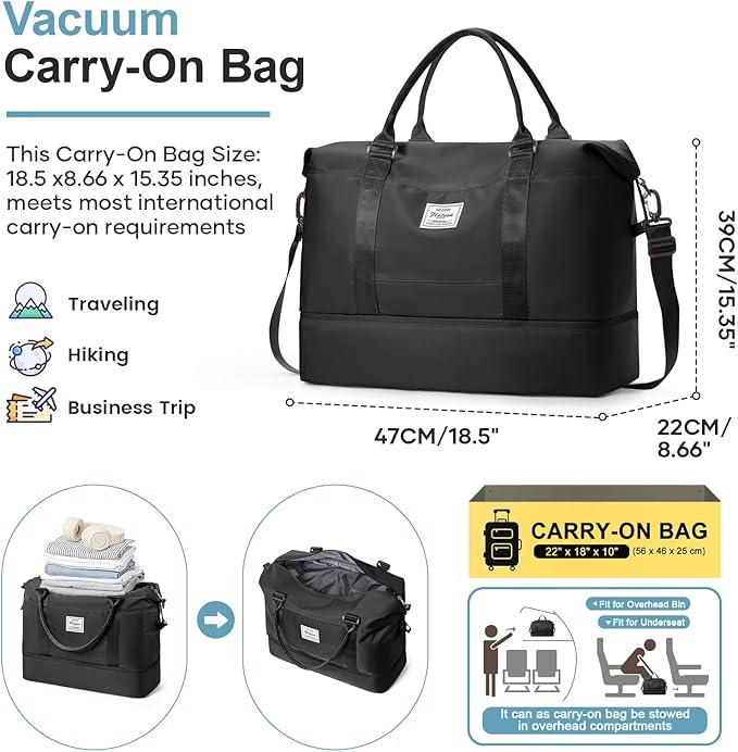 Overnight Weekender Bags for Women,Vacuum Travel Duffel Bag with Air Pump, Personal Item Travel Bag with Shoes Compartment & Compression Pocket,Black