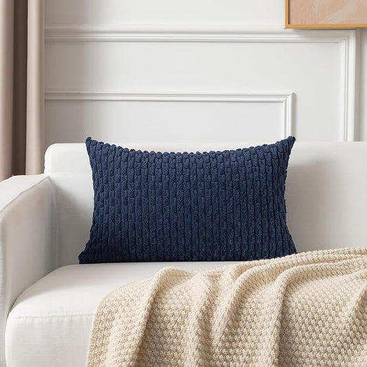 Kevin Textile 14x20 Inch Pillow Cover 1 Pack Boho Decorative Soft Striped Corduroy Lumbar Farmhouse Color Accent Rectangle Cushion Case for Living Room Couch Sofa Bed, Navy Blue