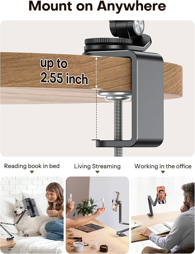 OMOTON Tablet Stand for iPad with 360° Rotation, GH03 Aluminum Alloy Long Arm Phone Mount with 2 Plastic Clamps (Phone & Tablet), Adjustable Holder for 4-13" iPad Pro/iPhone, Black