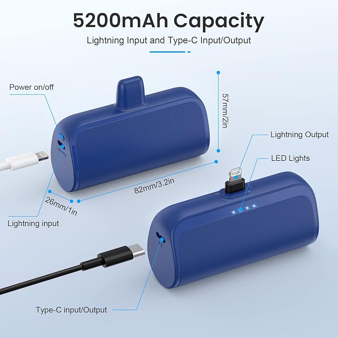 [2 Pack]Mini Portable Charger for iPhone,5200mAh Ultra-Compact Fast Charging Power Bank Cordless Cute Small Battery Pack Compatible with iPhone 14/14 Pro Max/13/13 Pro/12/11/XR/8/7/6(Inky+Deep Blue)