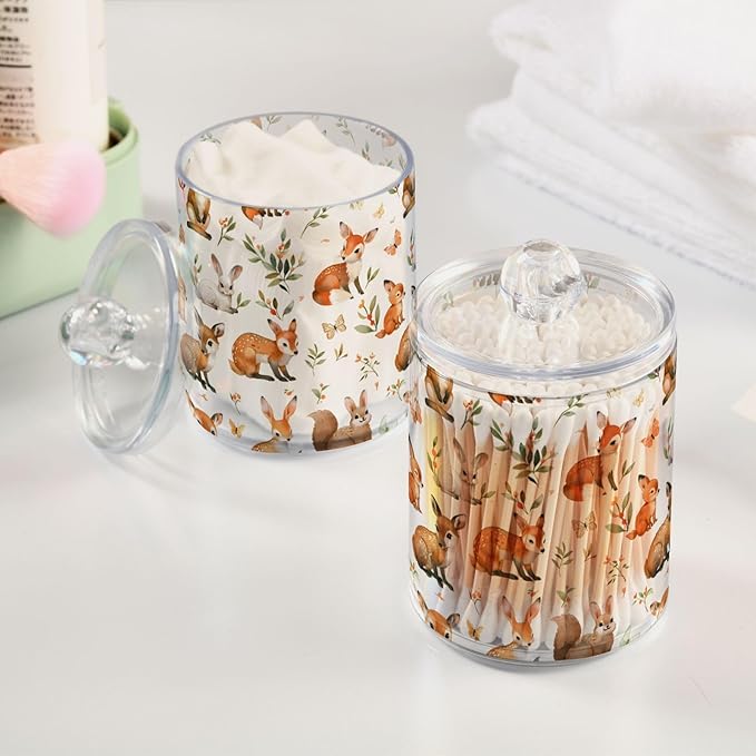 2 Pack Qtip Holder Organizer Dispenser Watercolor Woodland Animals Bathroom Storage Canister Cotton Ball Holder Container for Cotton Pads/Swabs/Floss
